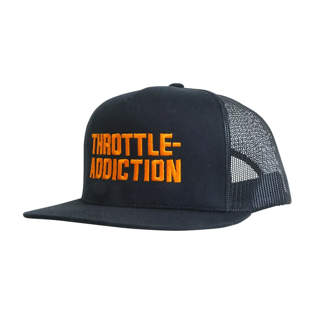 Throttle Addiction - 5 Panel Snap Back Hat - Orange AMF Script - Black