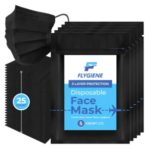 Travel Face Mask | Disposable | 25 Count (5 Packs of 5) | Black