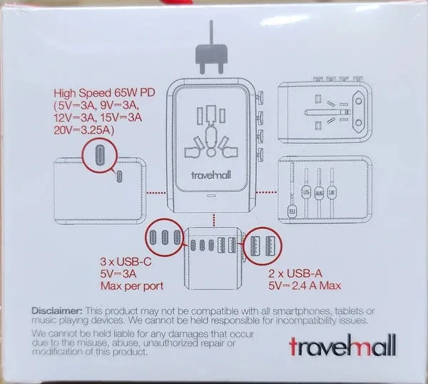 Travelmall GaN 65W PD High Performance  6 USB Travel Adaptor -2 Colors