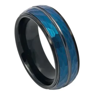 Two-tone Blue IP & Black IP Plated Hammered Finish High Polished Stepped/Beveled Edge - 8mm