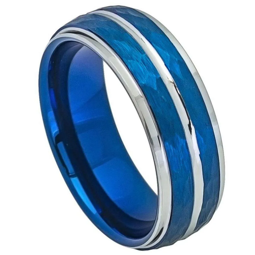 Two-tone Blue IP Plated Hammered Finish High Polished Stepped/Beveled Edge - 8mm