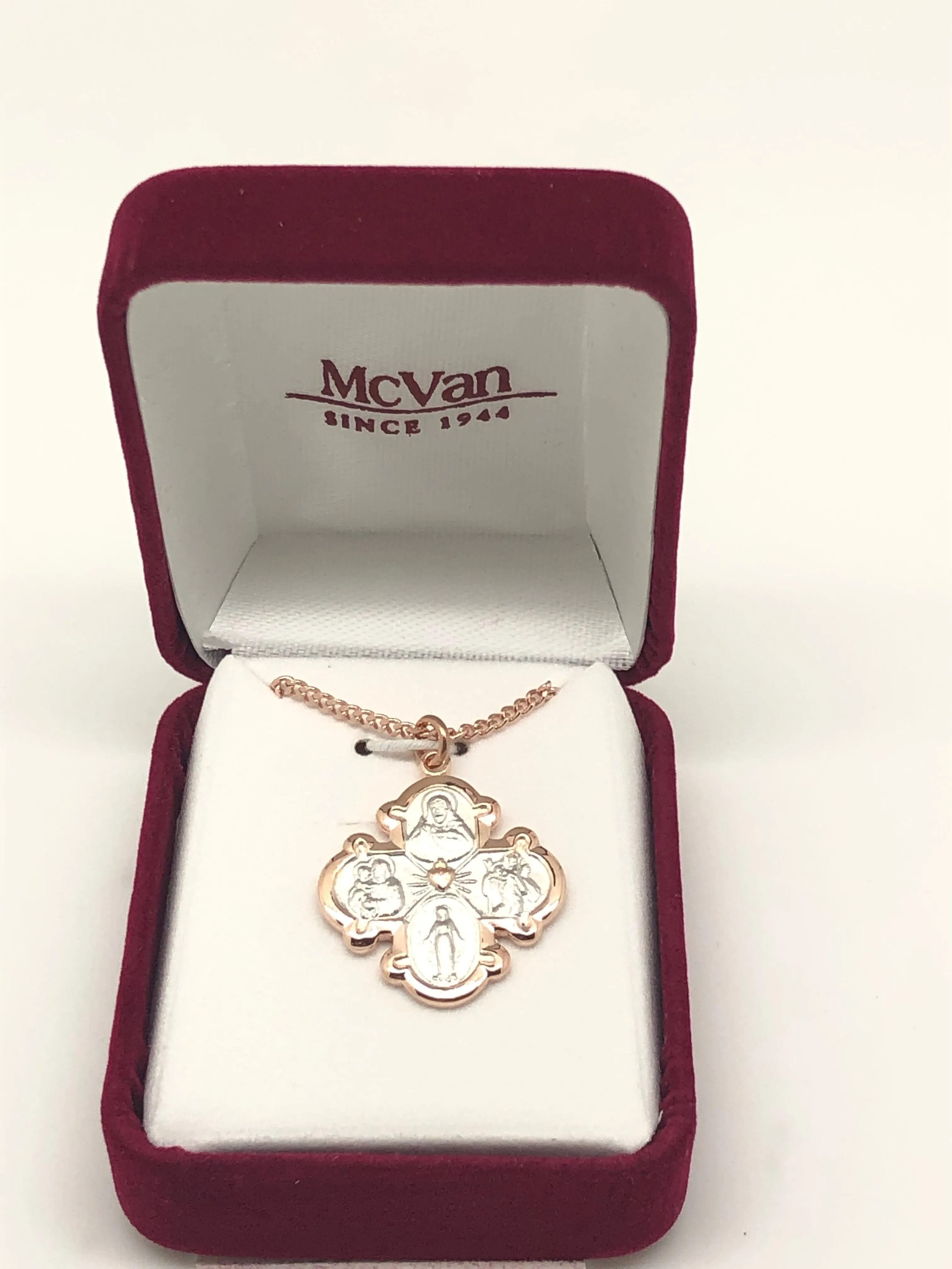 Two Tone Rose Gold and Sterling Silver 4-way medal (3/4") on 18" Gold Plated Chain.