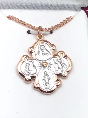 Two Tone Rose Gold and Sterling Silver 4-way medal (3/4") on 18" Gold Plated Chain.