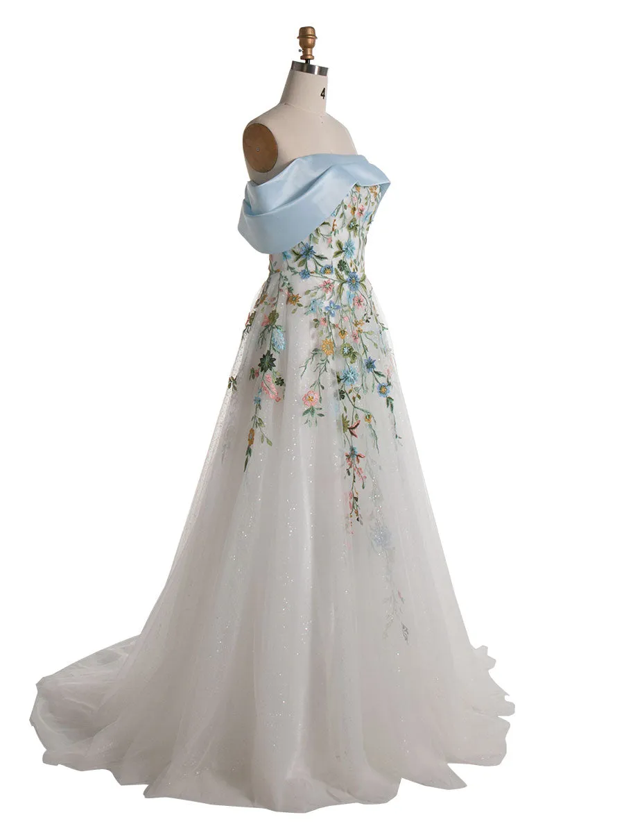 Unique Colorful 3D Embroidery Wedding Dress Flowy A-Line Garden Wedding Gown YE2554