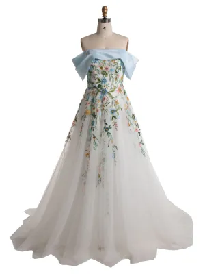 Unique Colorful 3D Embroidery Wedding Dress Flowy A-Line Garden Wedding Gown YE2554