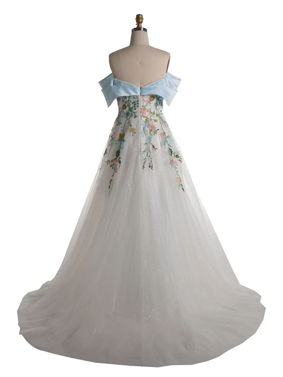 Unique Colorful 3D Embroidery Wedding Dress Flowy A-Line Garden Wedding Gown YE2554