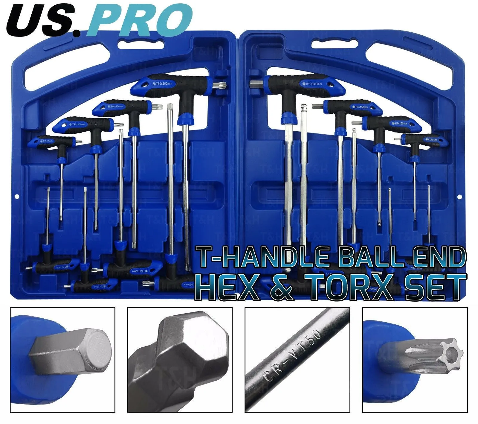 US PRO 16PCS T - HANDLE HEX & TORX KEY SET H2 - H10 & T10 - T50