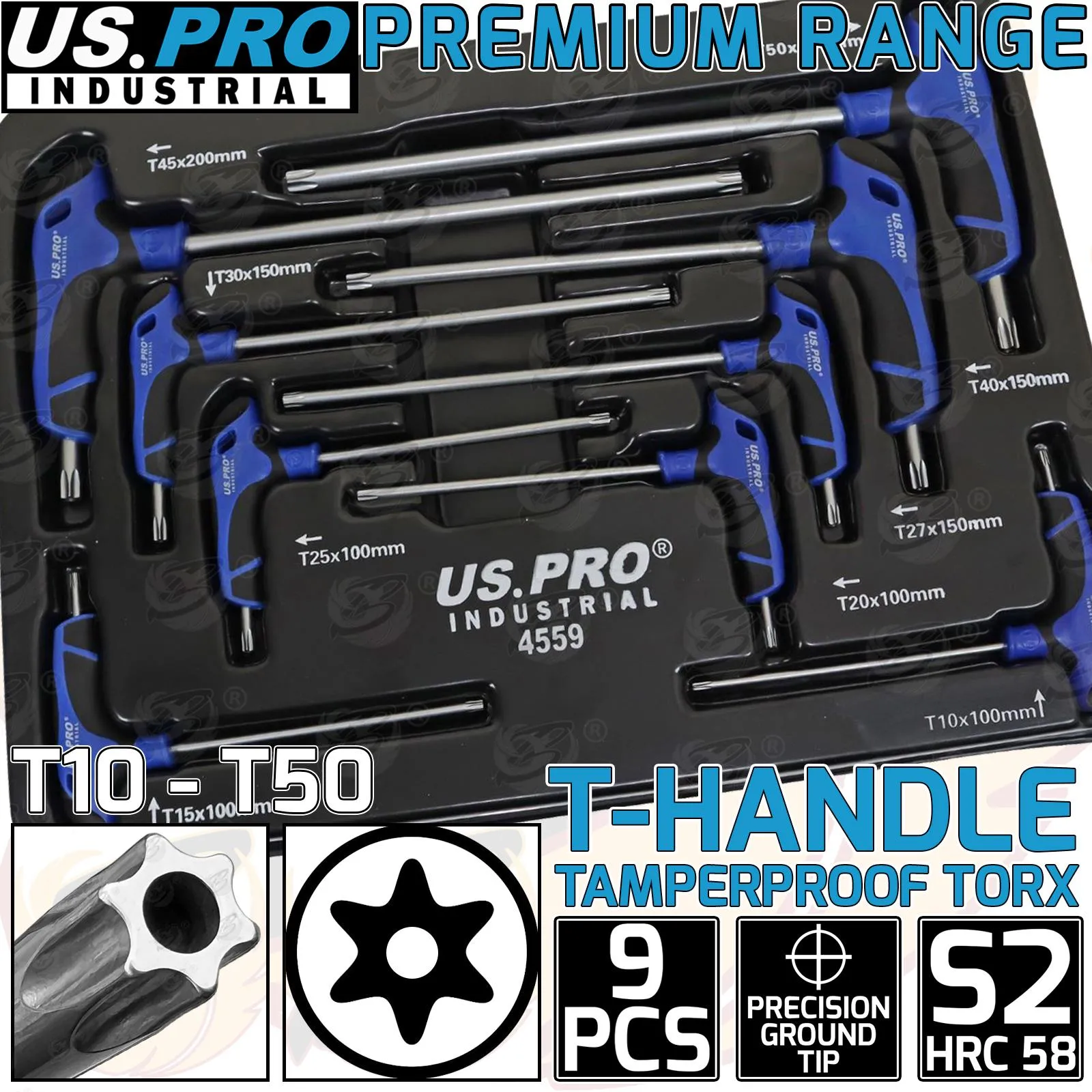US PRO INDUSTRIAL 9PCS T HANDLE TAMPERPROOF TORX KEYS T10 - T50
