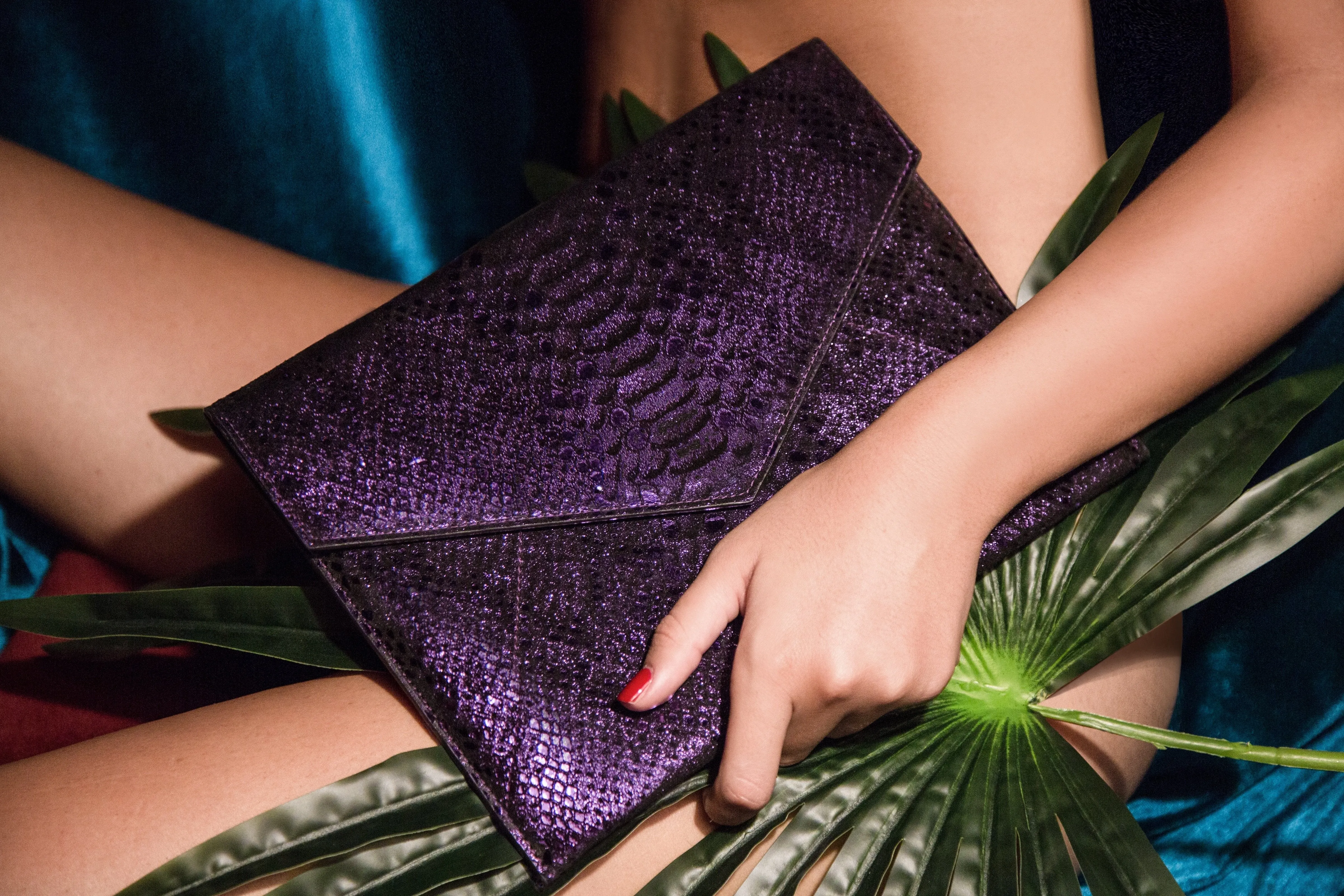 Vesper Envelope Clutch/Amethyst Metallic Snakeskin Embossed