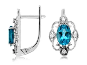 Vintage Style Blue Topaz and Diamond Open Halo Earrings