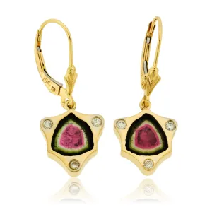 Watermelon Tourmaline Slice & Diamond Accented Earrings