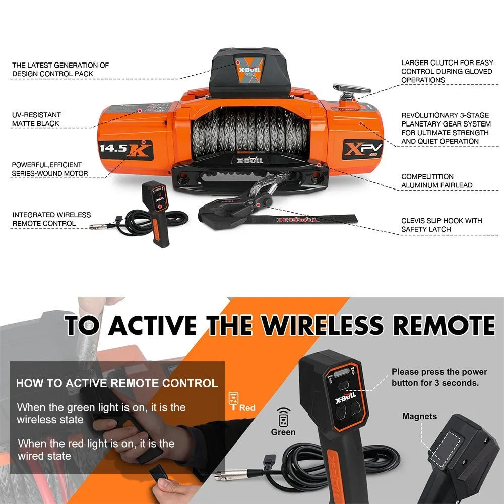 X-BULL Electric Winch XPV 14500 LBS 12V Synthetic Rope SUV Jeep Truck 4WD Orange