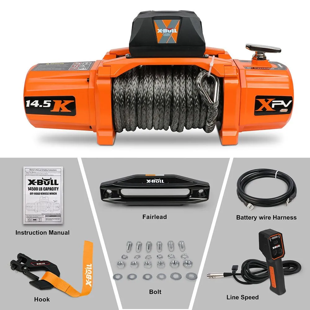 X-BULL Electric Winch XPV 14500 LBS 12V Synthetic Rope SUV Jeep Truck 4WD Orange
