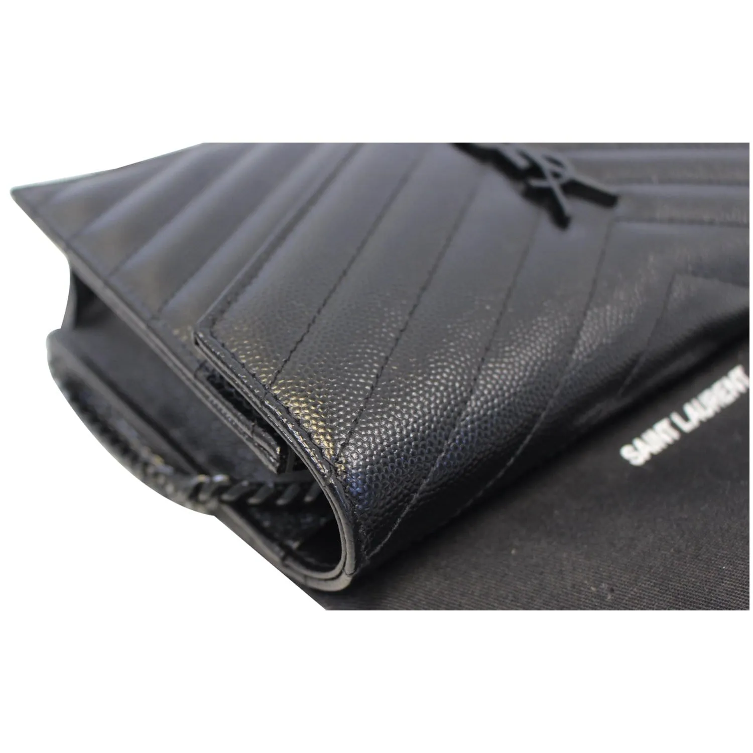 YVES SAINT LAURENT Matelasse Chevron Grain De Poudre Envelope Chain Wallet Black