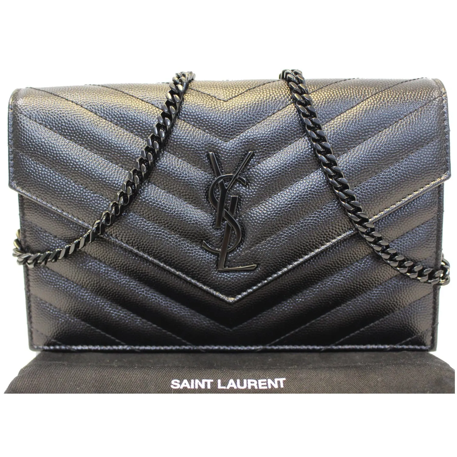 YVES SAINT LAURENT Matelasse Chevron Grain De Poudre Envelope Chain Wallet Black