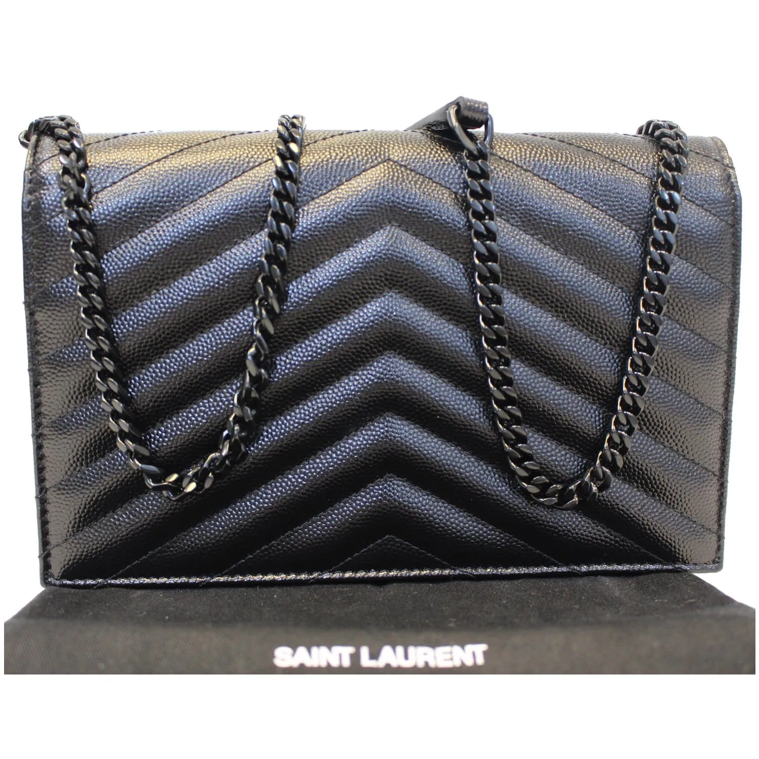 YVES SAINT LAURENT Matelasse Chevron Grain De Poudre Envelope Chain Wallet Black